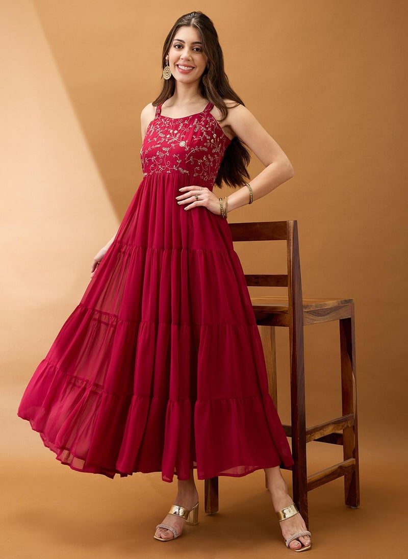 Globus Women Maroon Sweetheart Neck Strappy Shoulder Floral Embroidered Tiered Maxi Fit & Flare Festive Dress - Image 1